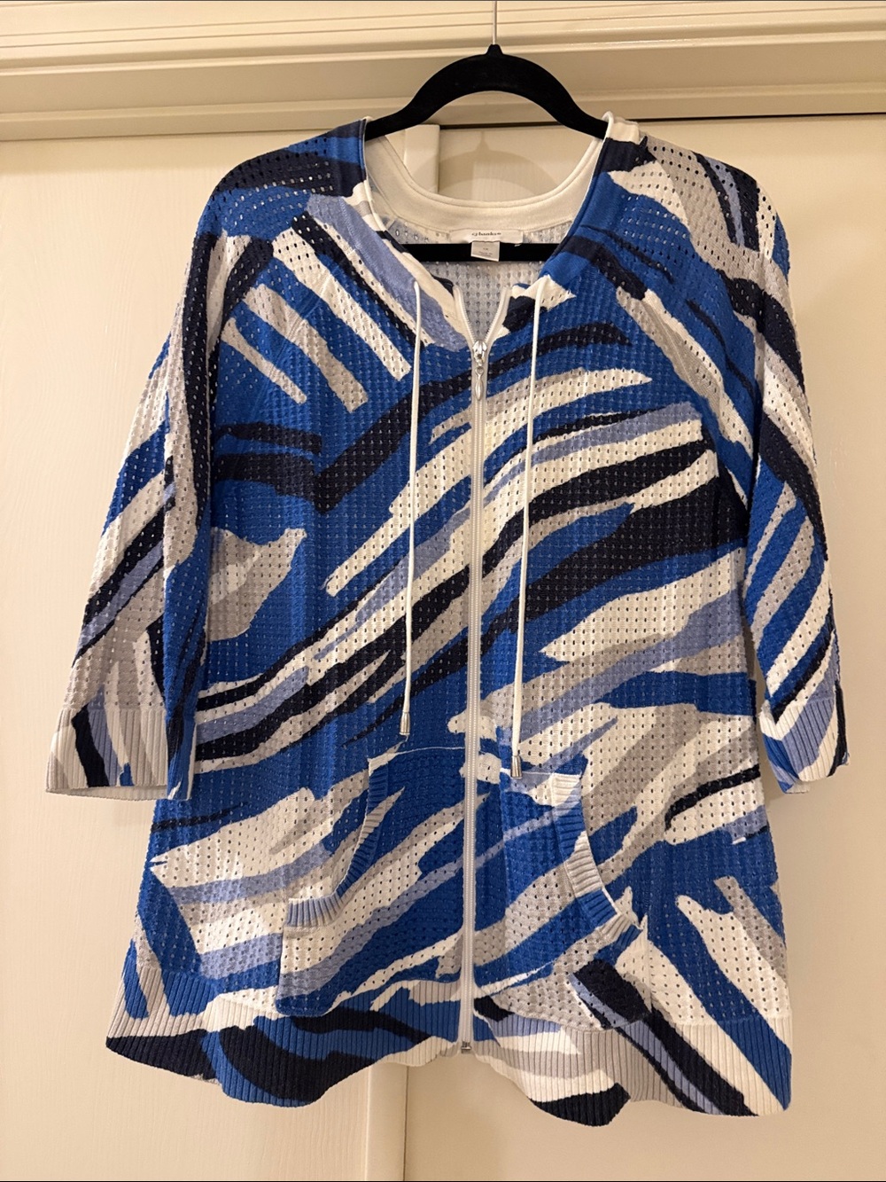 CJ Banks Blue White Black Abstract Zip-Front Jacket